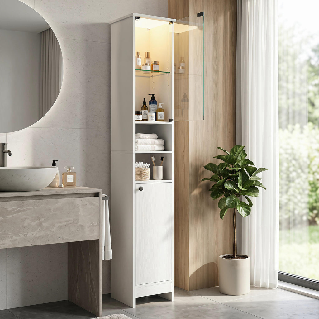 Tall Bathroom Storage Cabinet with LED Lights, White
