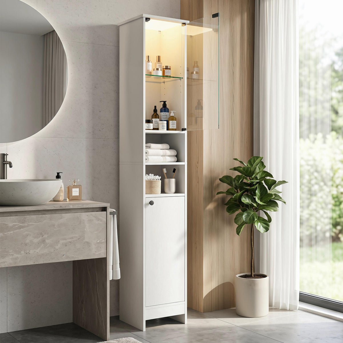 Tall Bathroom Storage Cabinet with LED Lights, White