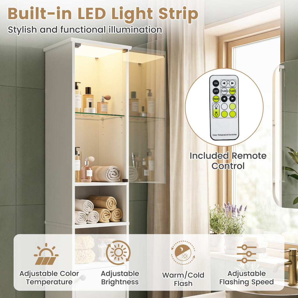 Tall Bathroom Storage Cabinet with LED Lights, White