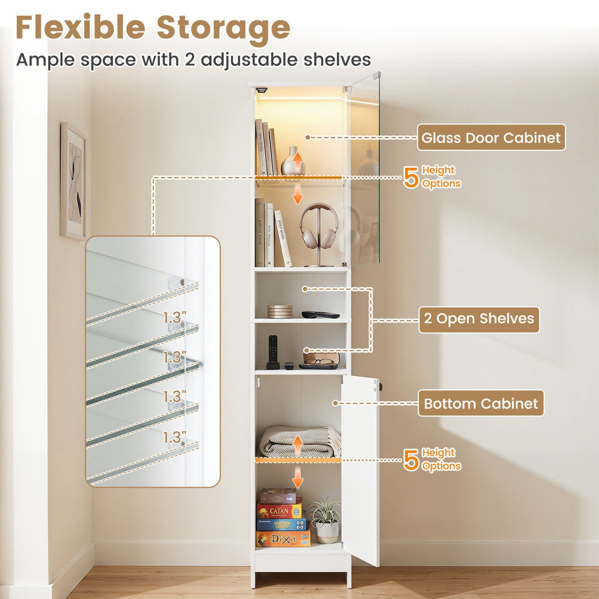 Tall Bathroom Storage Cabinet with LED Lights, White