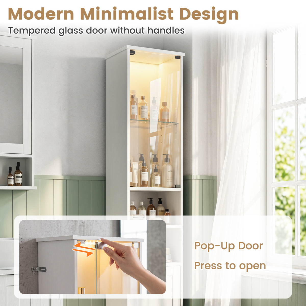 Tall Bathroom Storage Cabinet with LED Lights, White