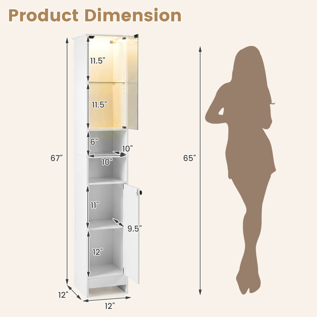 Tall Bathroom Storage Cabinet with LED Lights, White