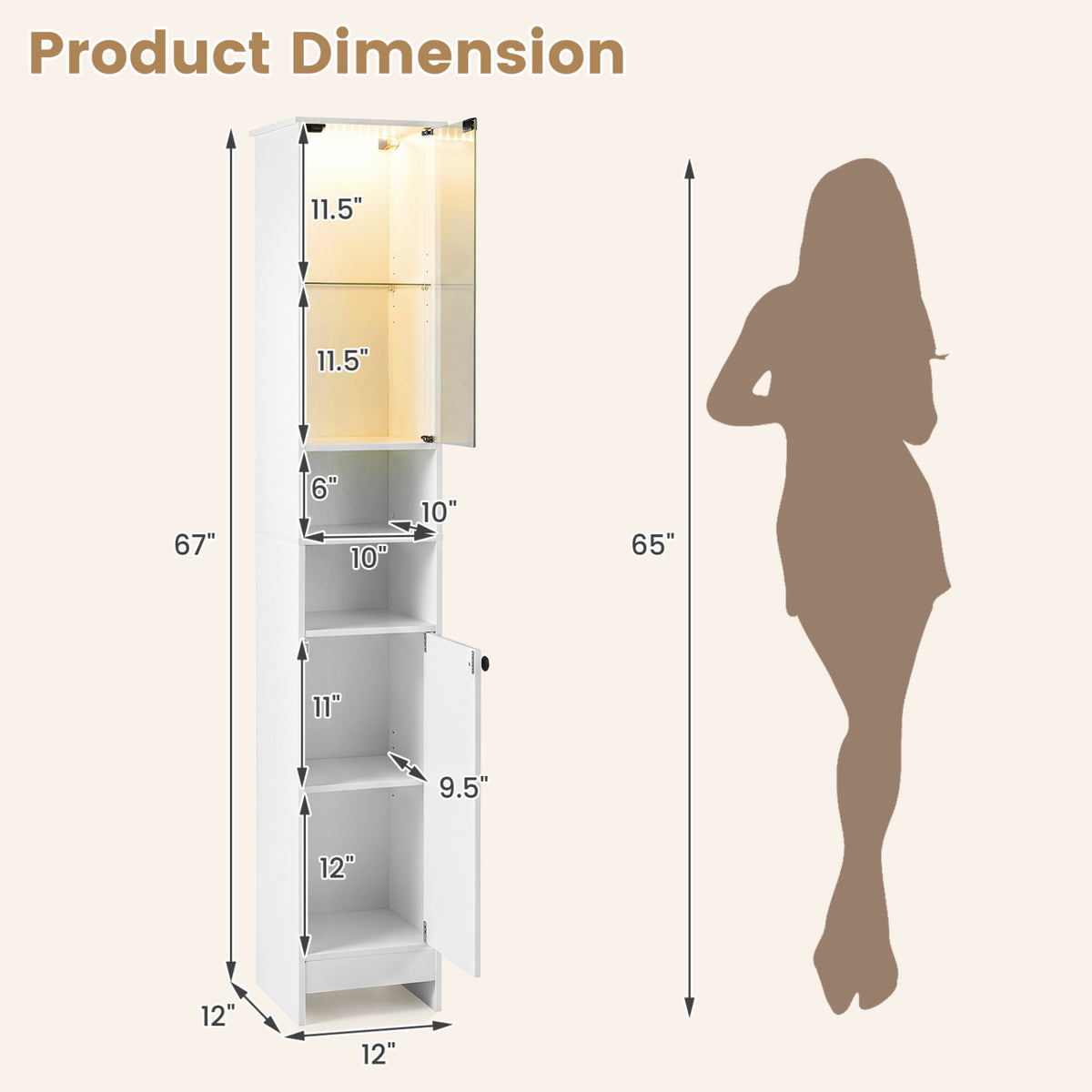 Tall Bathroom Storage Cabinet with LED Lights, White