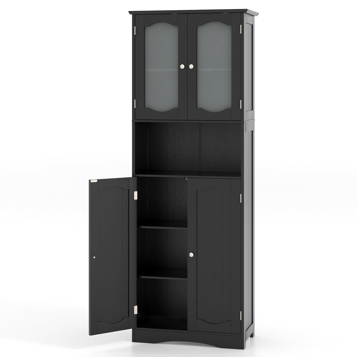 58.5" Linen Bathroom Storage Cabinet, Frost Glass Doors, Black