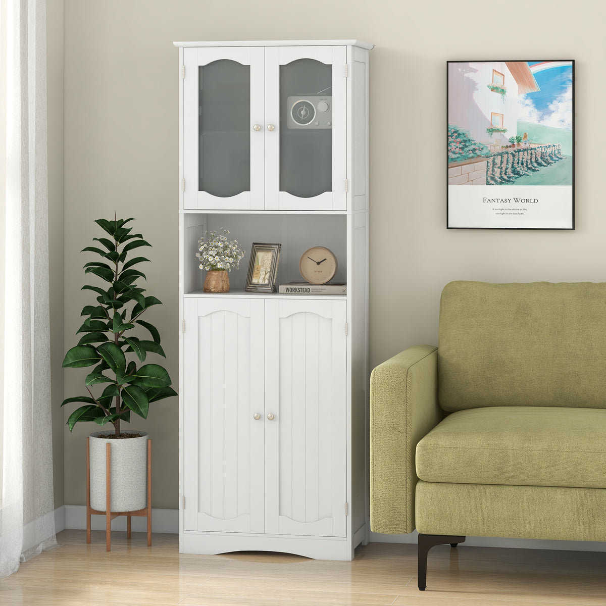 64.5 Inches Tall Bathroom Storage Cabinet with Frost Glass Doors and