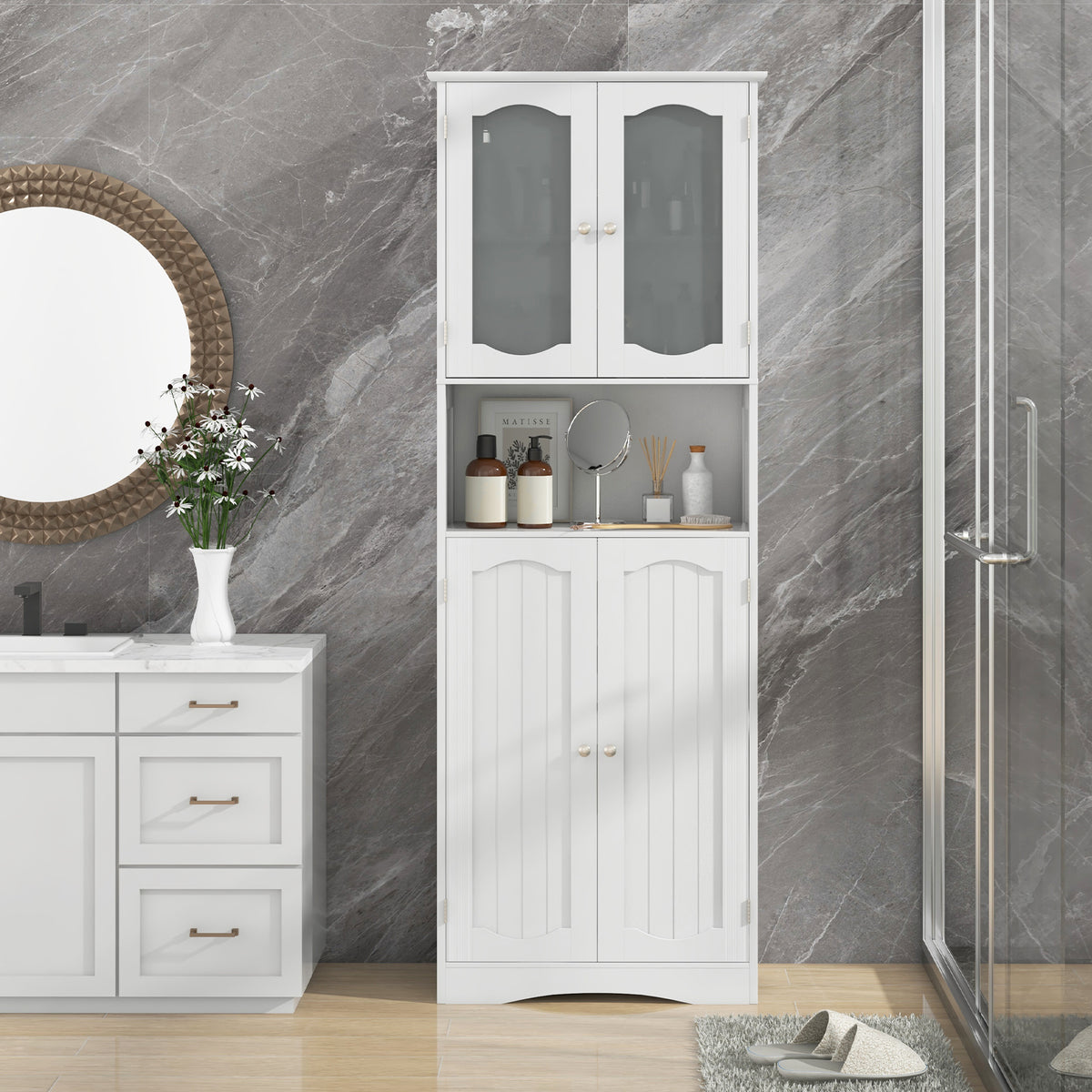 64.5 Inches Tall Bathroom Storage Cabinet with Frost Glass Doors and