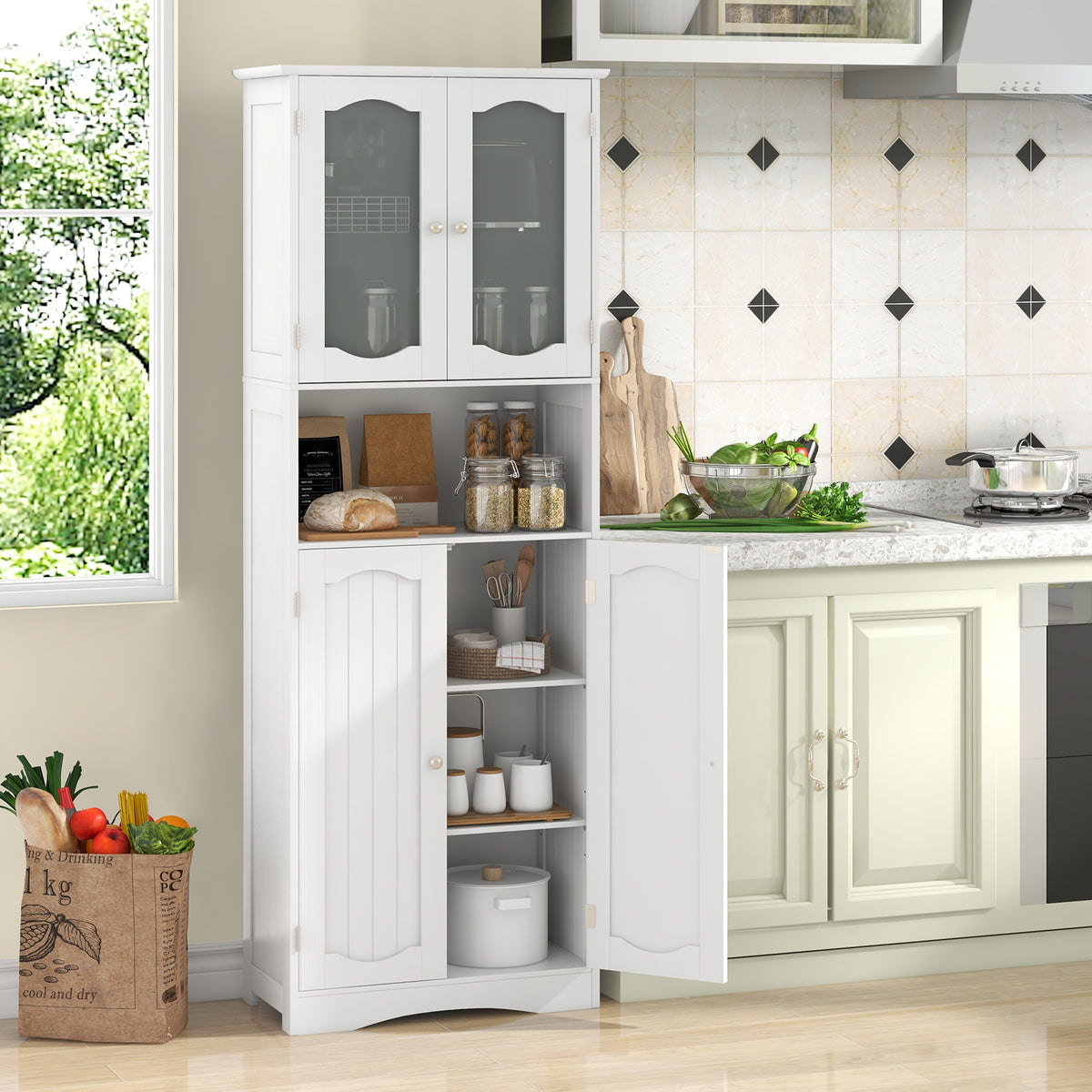 64.5 Inches Tall Bathroom Storage Cabinet with Frost Glass Doors and