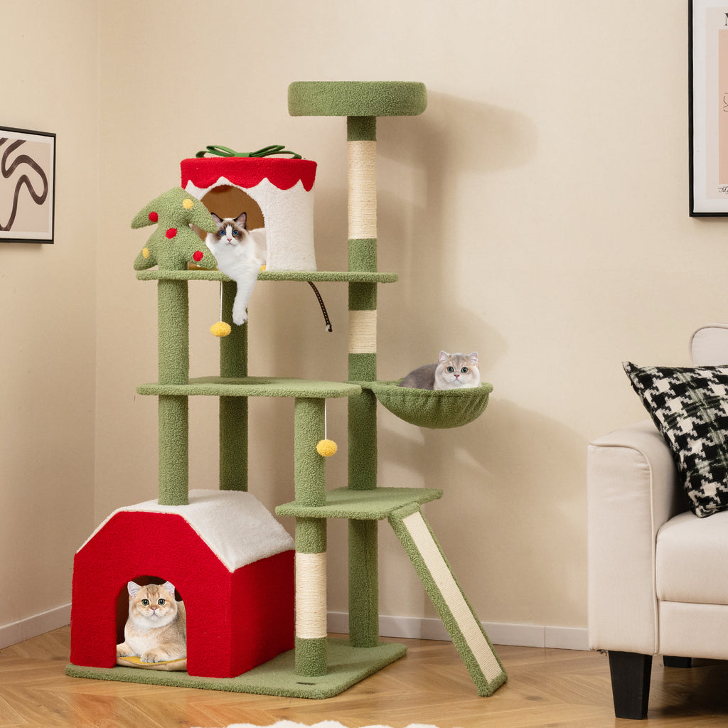 61-Inch Christmas Cat Tree with Sisal Posts & Condos - Green Variation