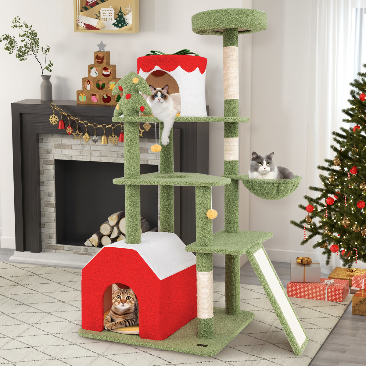 61-Inch Christmas Cat Tree with Sisal Posts & Condos - Green Variation