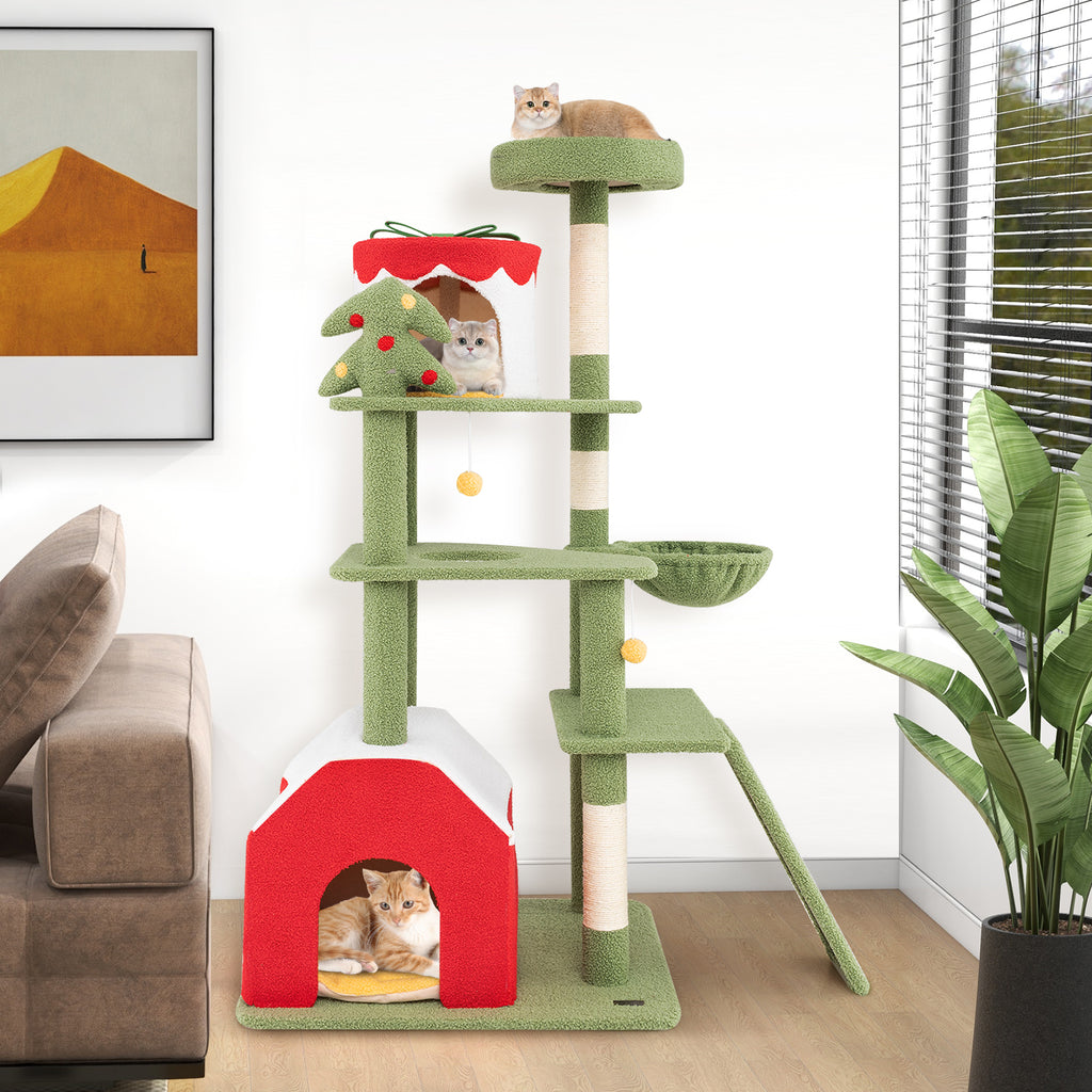 61-Inch Christmas Cat Tree with Sisal Posts & Condos - Green Variation