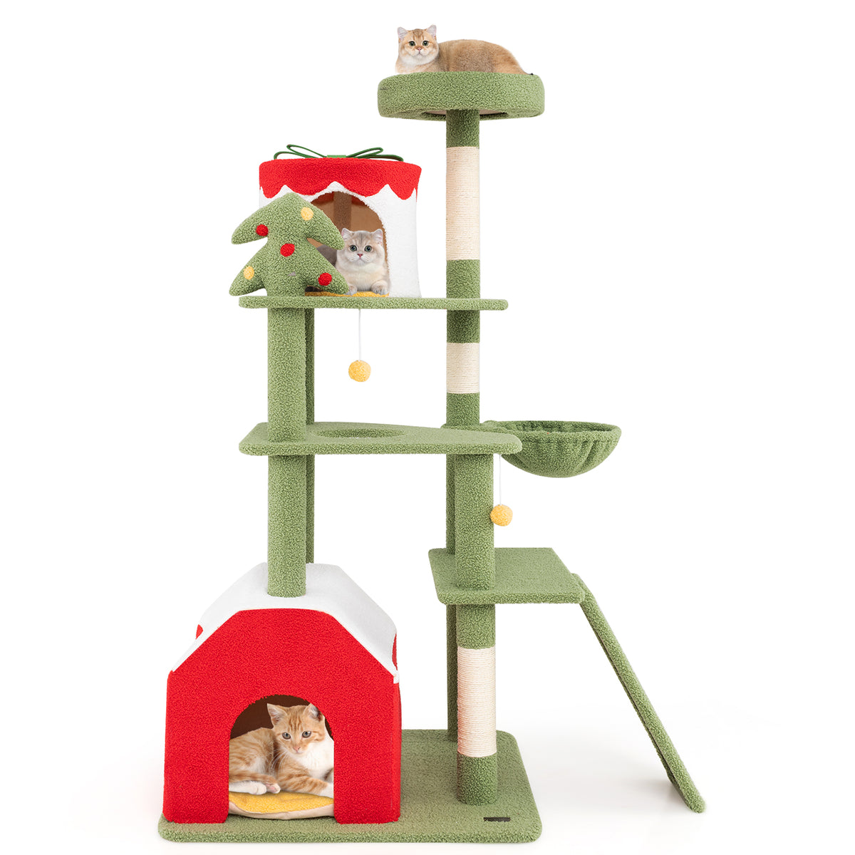 61-Inch Christmas Cat Tree with Sisal Posts & Condos - Green Variation