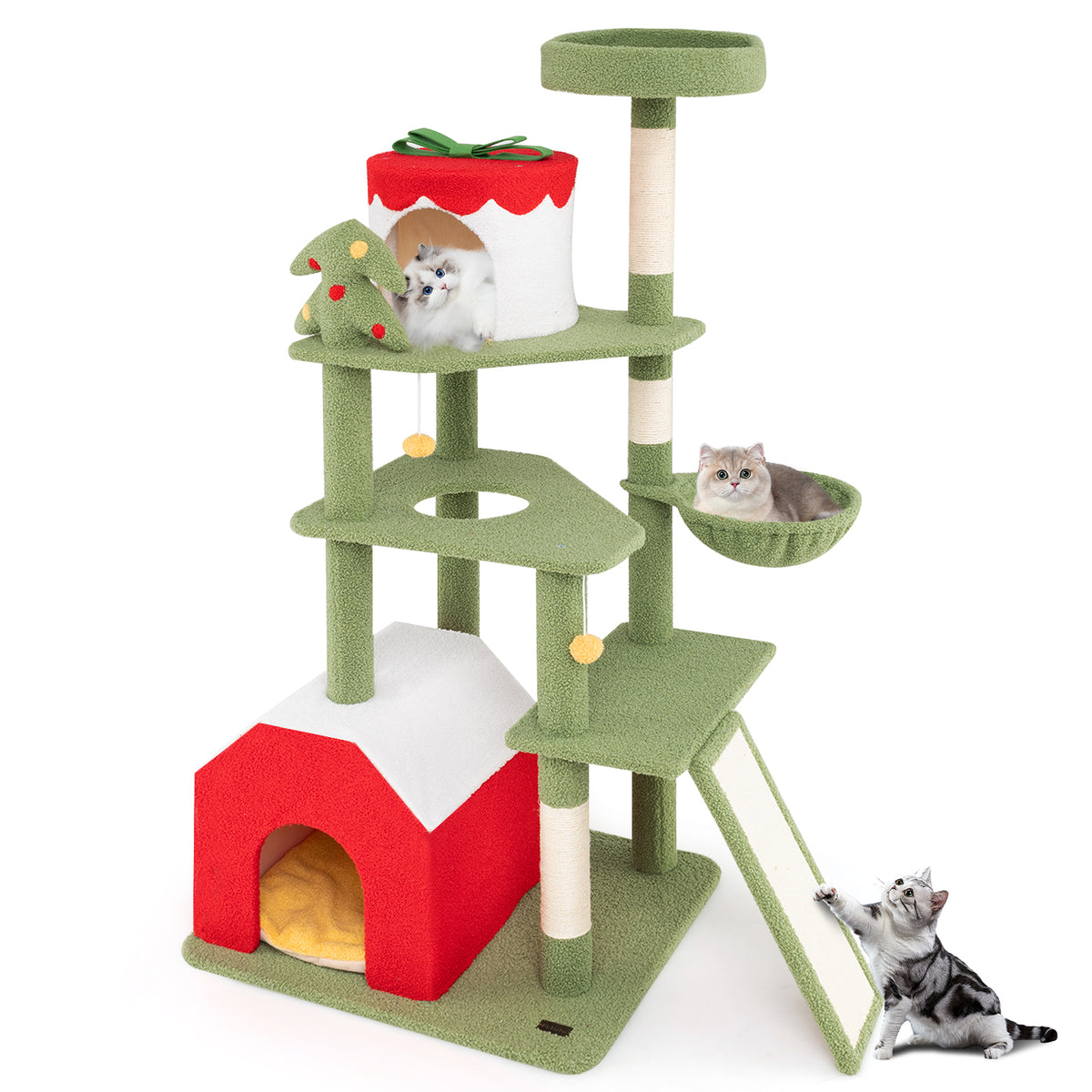 61-Inch Christmas Cat Tree with Sisal Posts & Condos - Green Variation