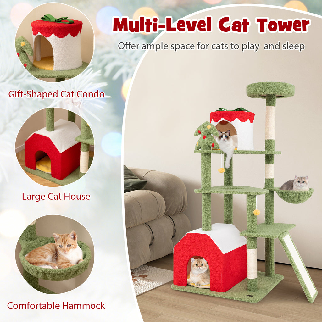 61-Inch Christmas Cat Tree with Sisal Posts & Condos - Green Variation