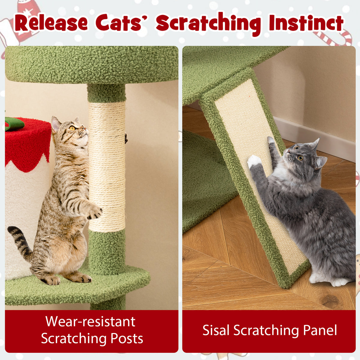 61-Inch Christmas Cat Tree with Sisal Posts & Condos - Green Variation