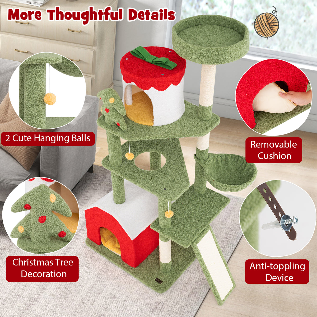 61-Inch Christmas Cat Tree with Sisal Posts & Condos - Green Variation