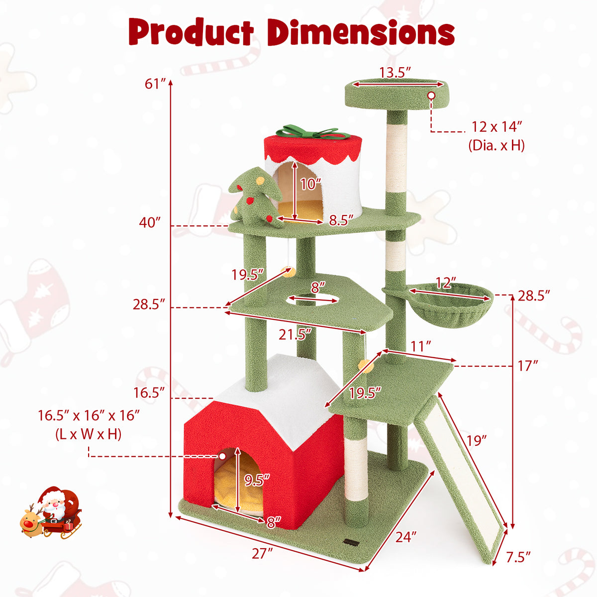 61-Inch Christmas Cat Tree with Sisal Posts & Condos - Green Variation