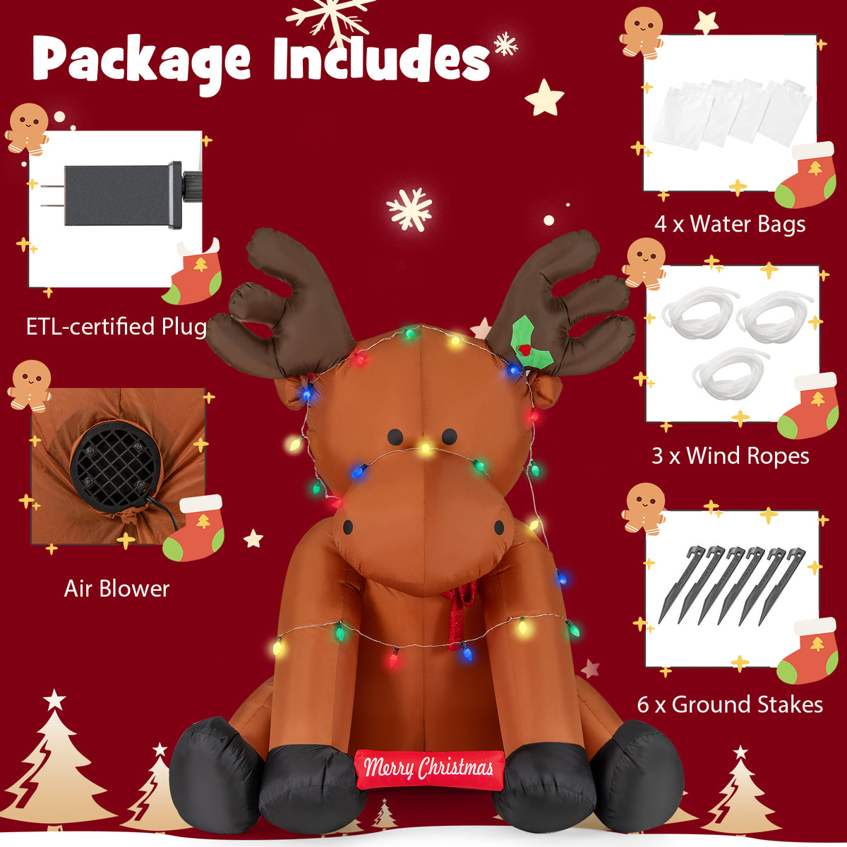 8.5 Feet Tall Christmas Inflatable Reindeer with 24 LED String Lights
