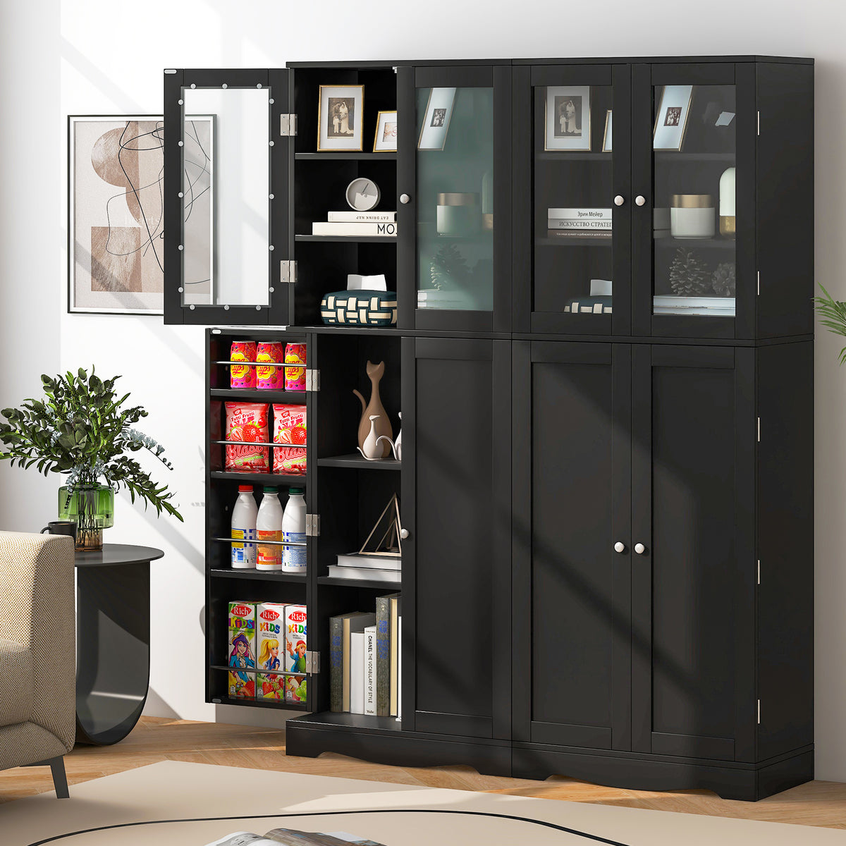 Tall Kitchen Pantry Cabinet with Glass Doors and Shelves - Black
