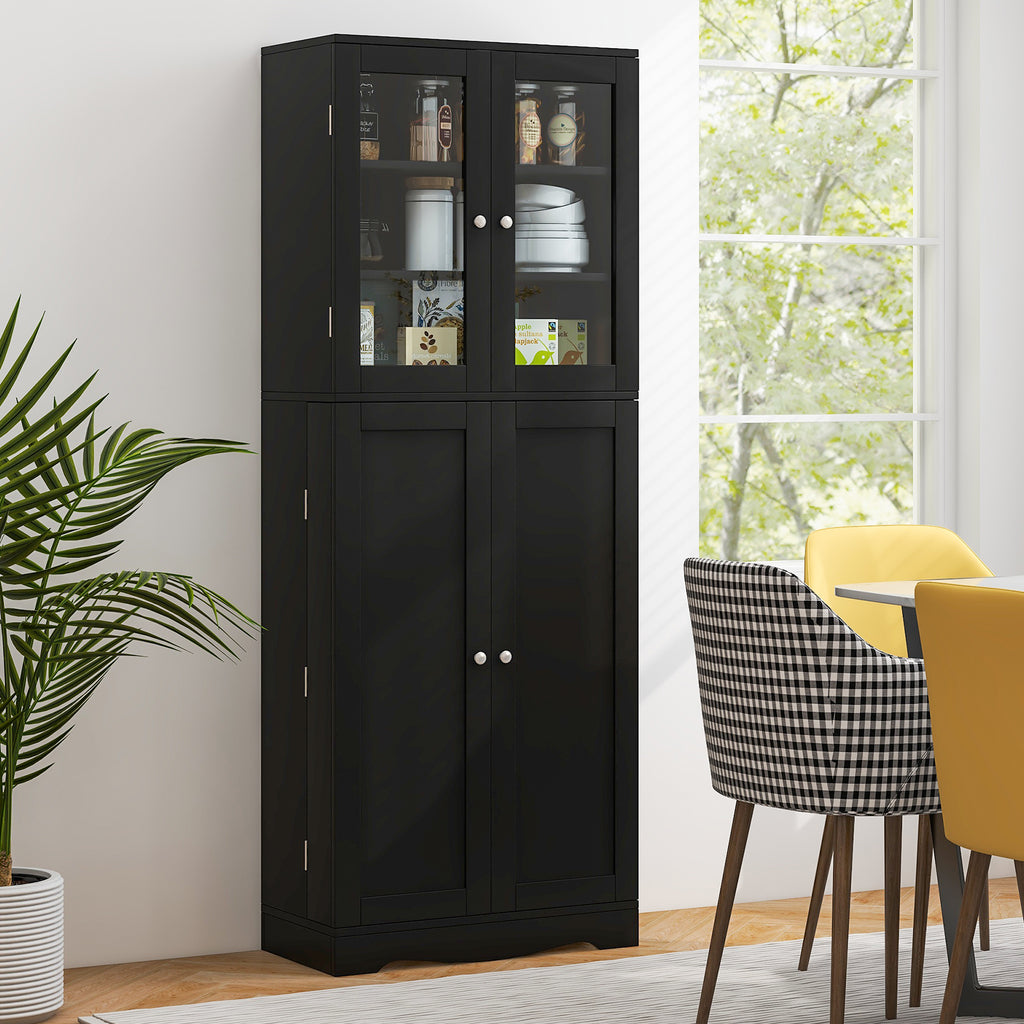 Tall Kitchen Pantry Cabinet with Glass Doors and Shelves - Black