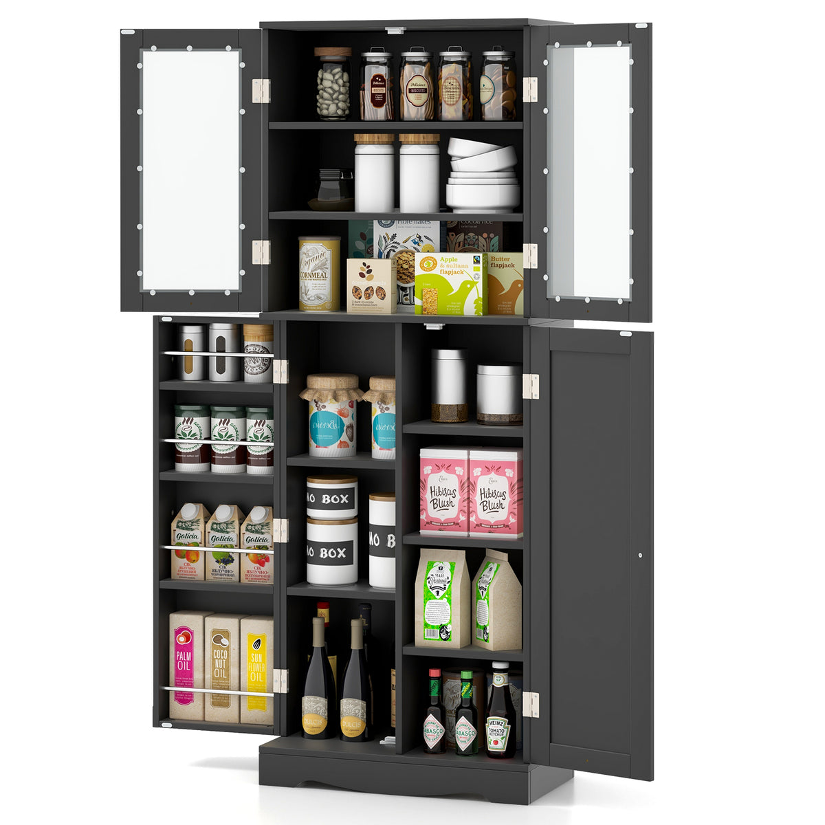 Tall Kitchen Pantry Cabinet with Glass Doors and Shelves - Black