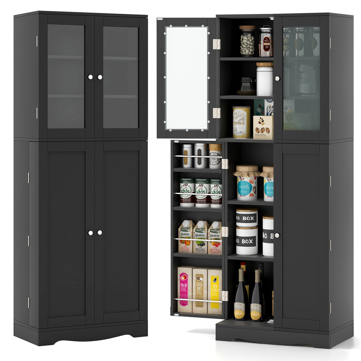 Tall Kitchen Pantry Cabinet with Glass Doors and Shelves - Black