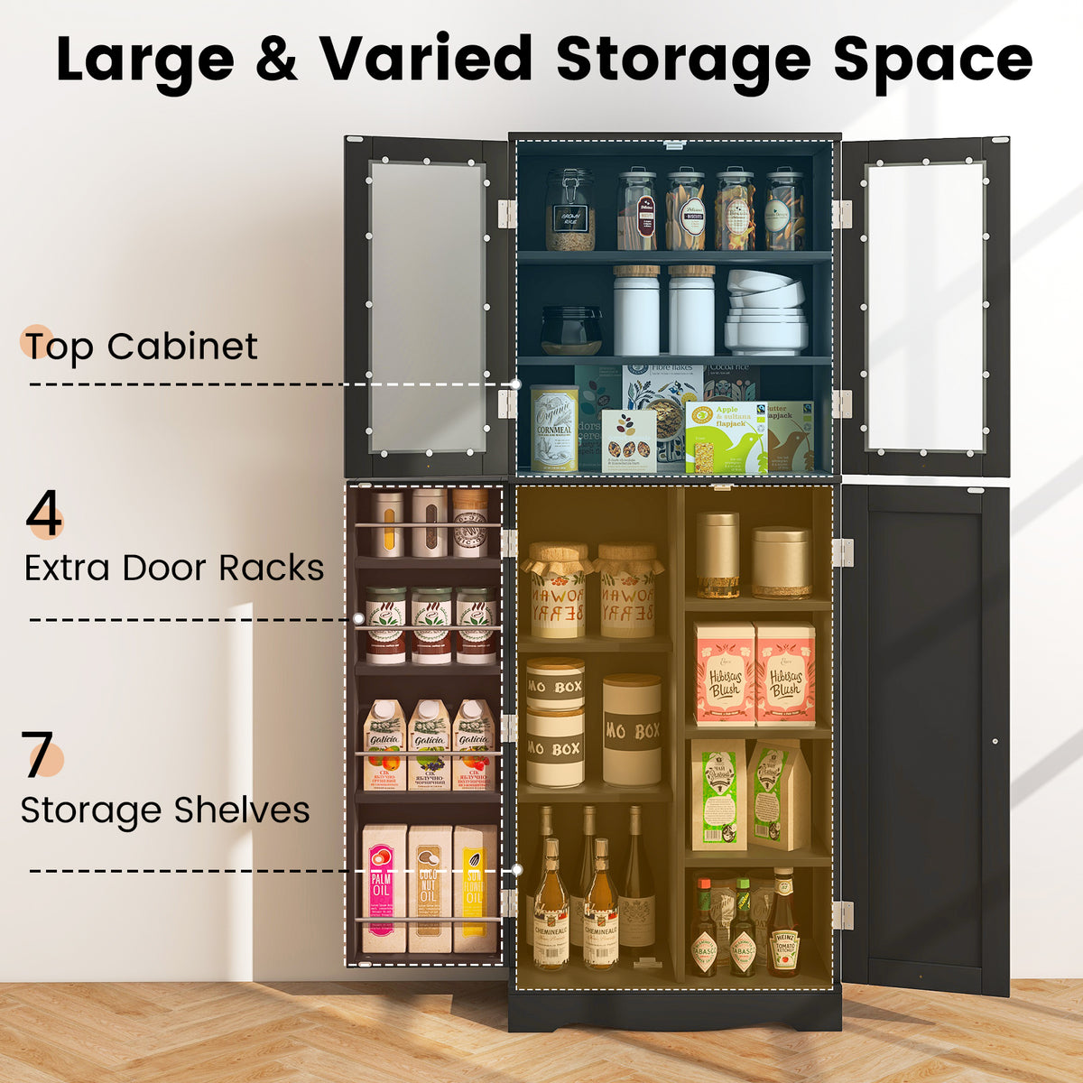 Tall Kitchen Pantry Cabinet with Glass Doors and Shelves - Black