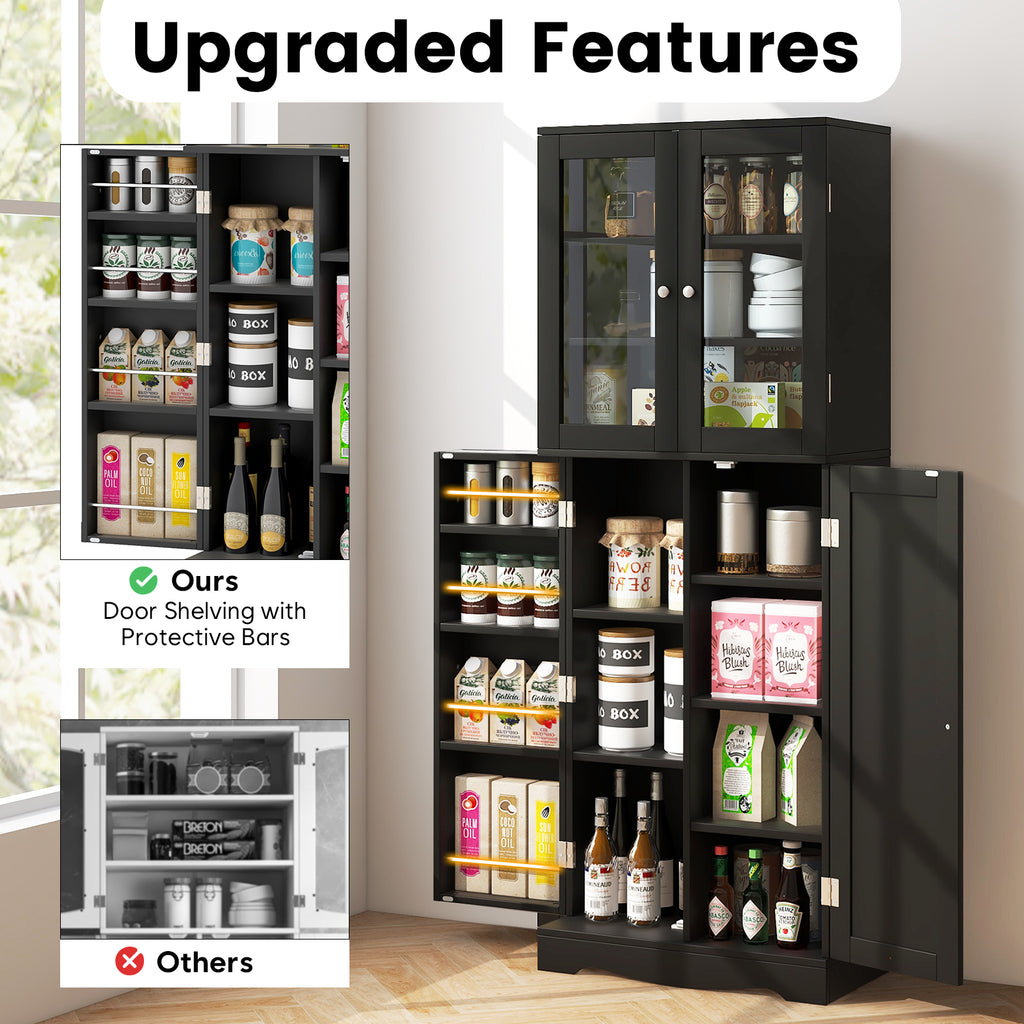 Tall Kitchen Pantry Cabinet with Glass Doors and Shelves - Black