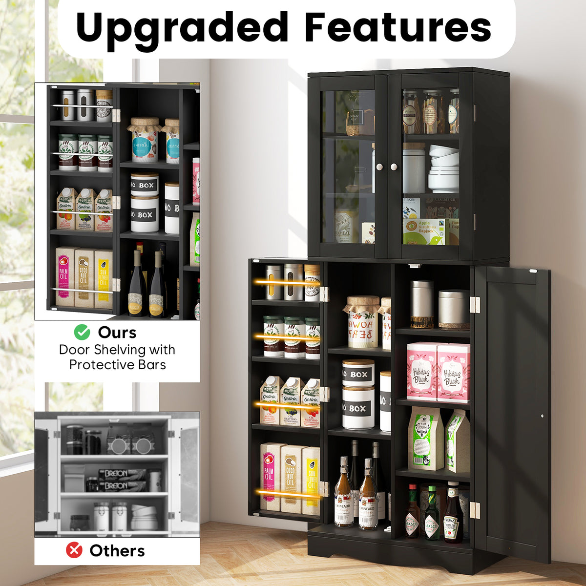 Tall Kitchen Pantry Cabinet with Glass Doors and Shelves - Black