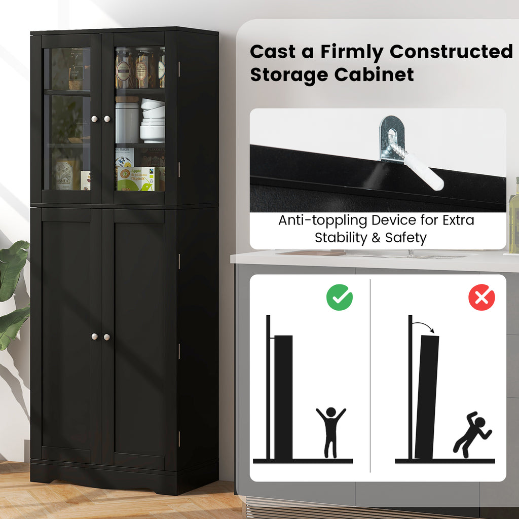 Tall Kitchen Pantry Cabinet with Glass Doors and Shelves - Black