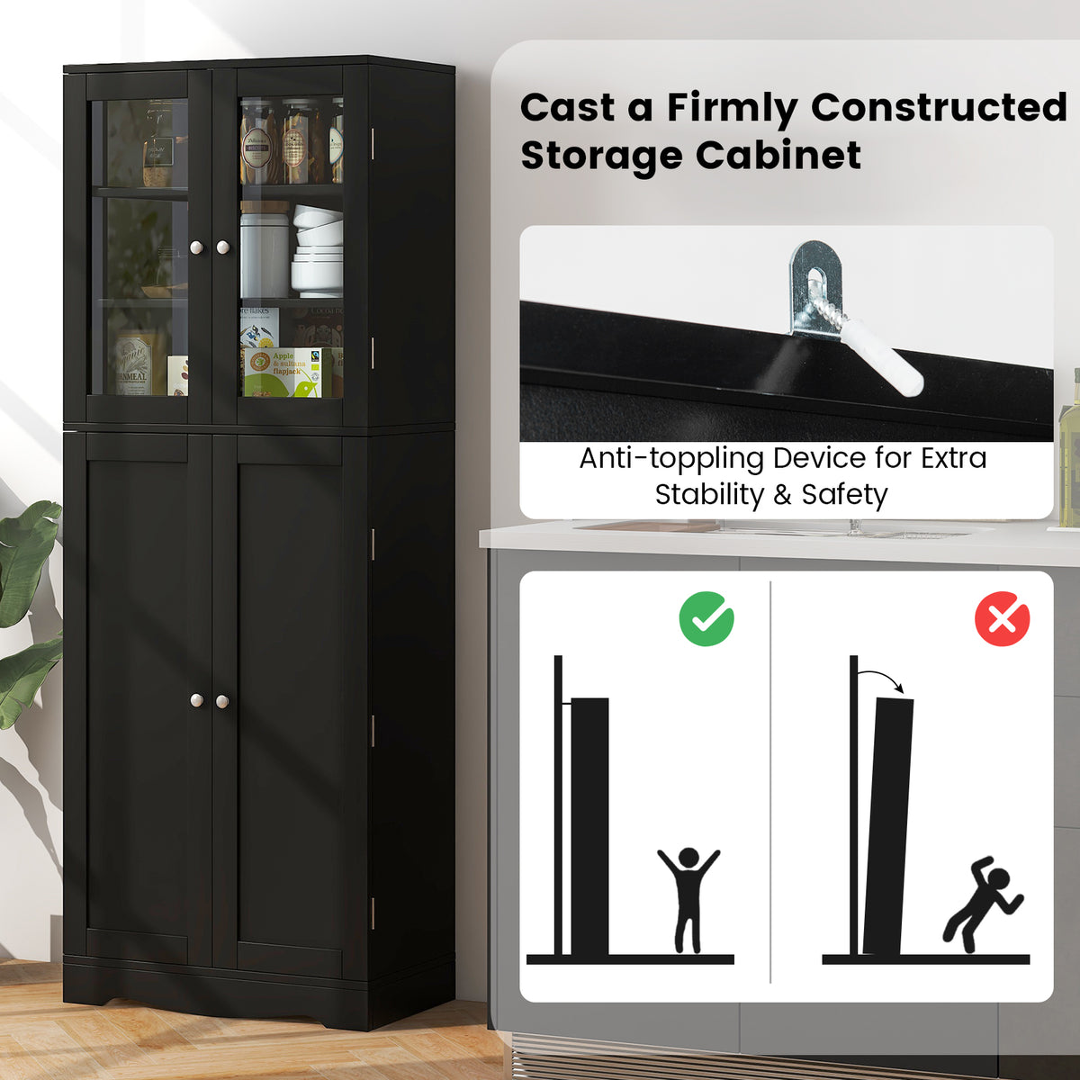 Tall Kitchen Pantry Cabinet with Glass Doors and Shelves - Black