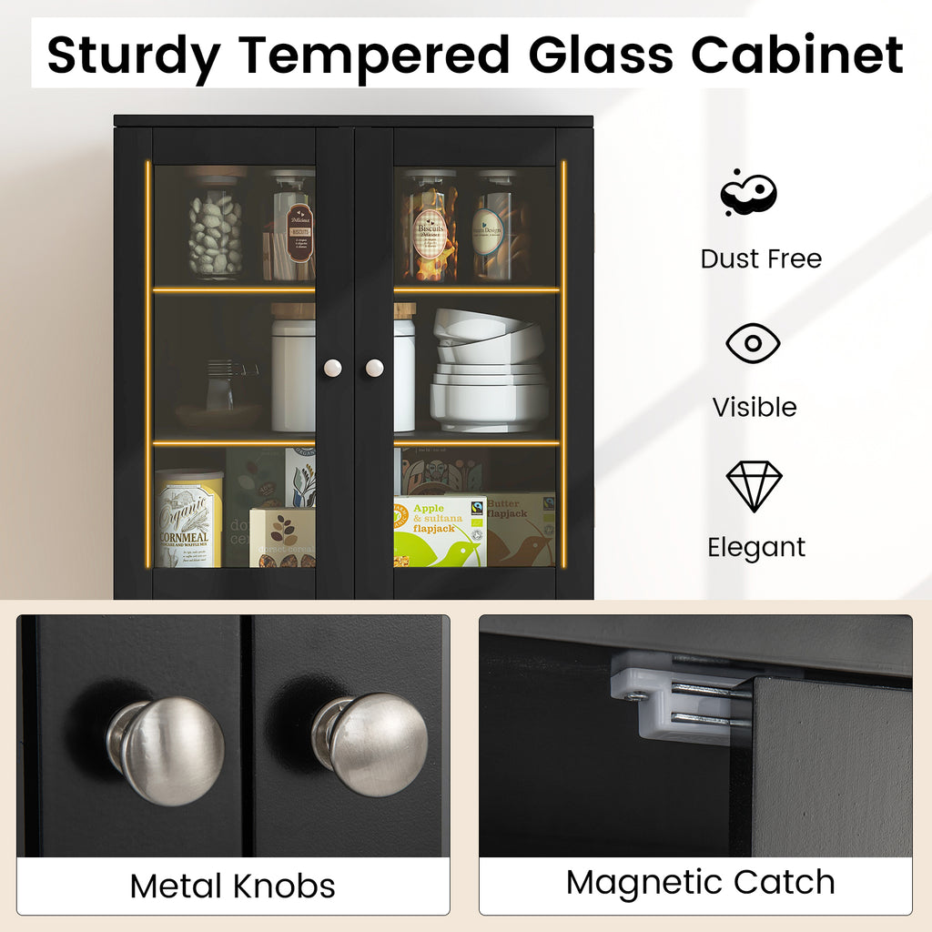 Tall Kitchen Pantry Cabinet with Glass Doors and Shelves - Black