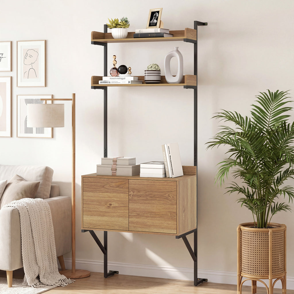 Tall Ladder Shelf with Storage Cabinet Narrow Wall Mounted Bookcase