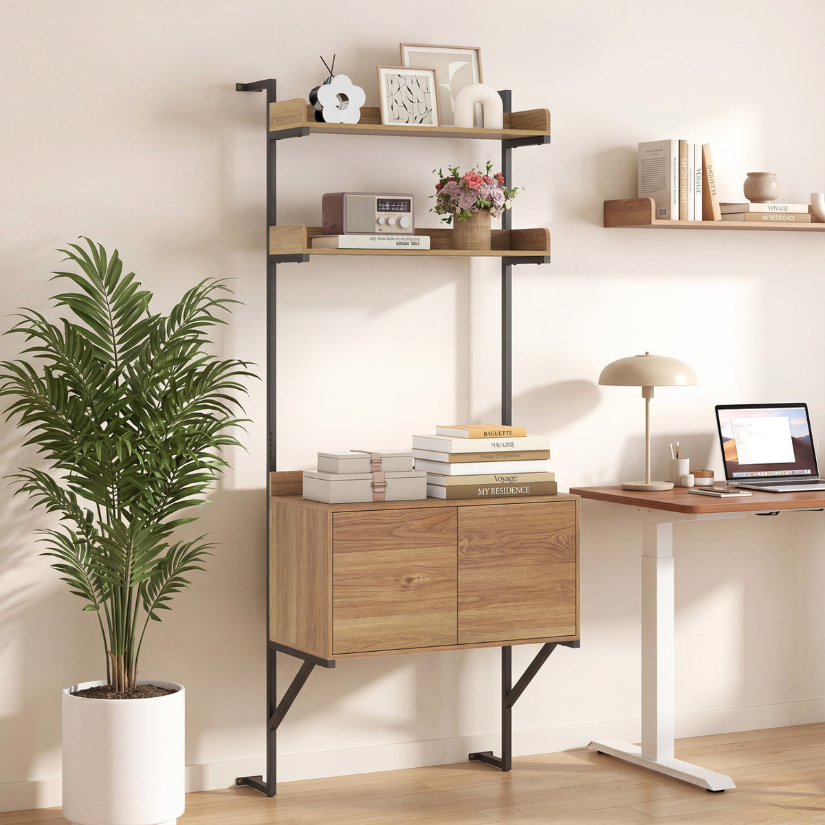 Tall Ladder Shelf with Storage Cabinet Narrow Wall Mounted Bookcase