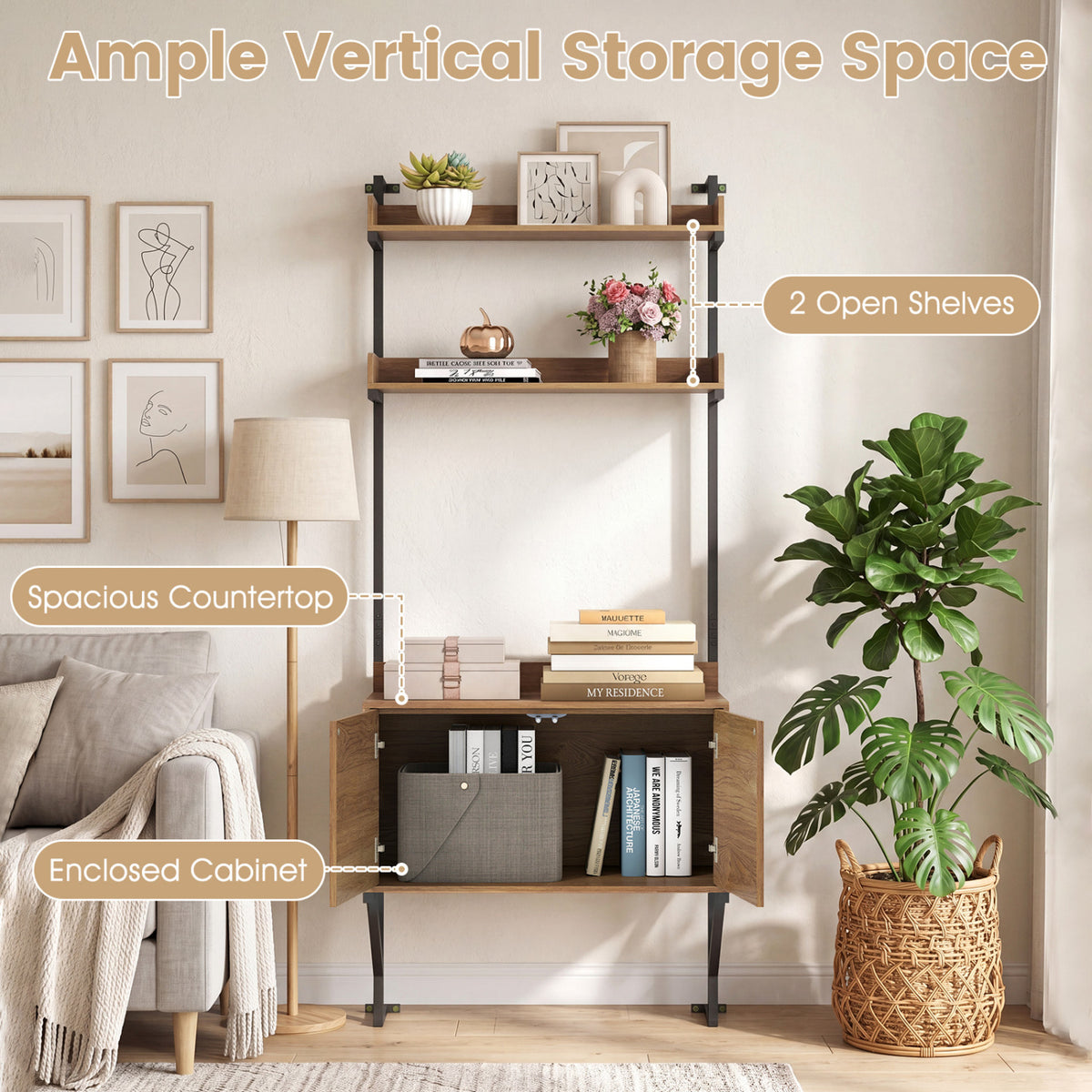 Tall Ladder Shelf with Storage Cabinet Narrow Wall Mounted Bookcase