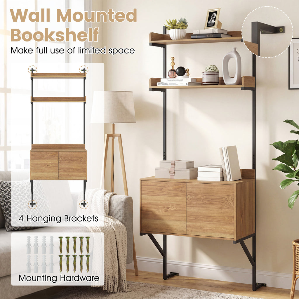 Tall Ladder Shelf with Storage Cabinet Narrow Wall Mounted Bookcase