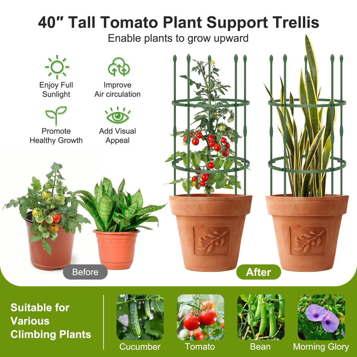 3-Pack Garden Trellis 40/60 Inch Tall Plant Support Stands with Clips