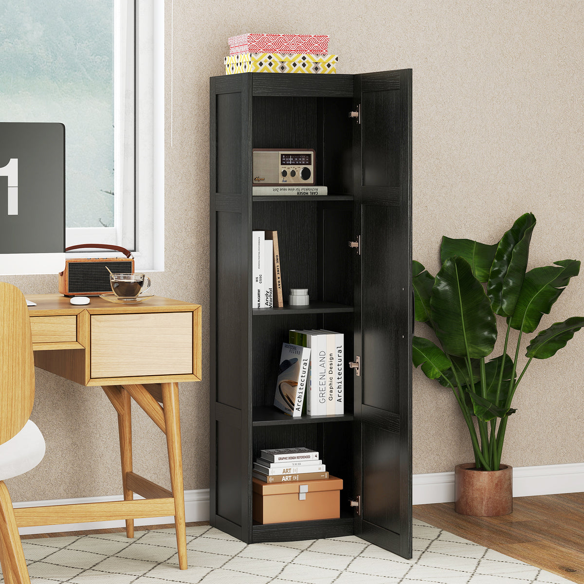 Tall Storage Cabinet 59 Inch, 4-Tier Shelves, Black