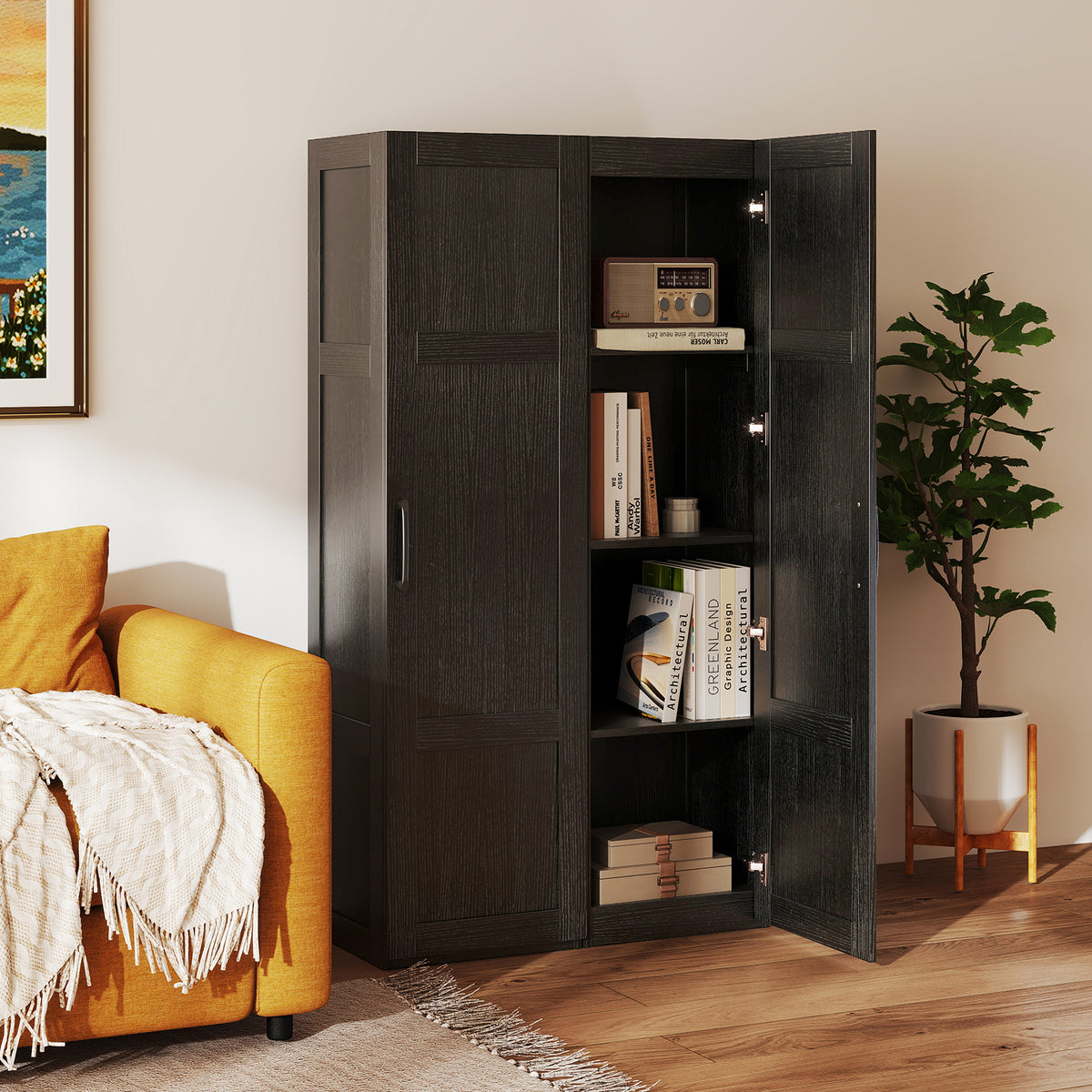Tall Storage Cabinet 59 Inch, 4-Tier Shelves, Black