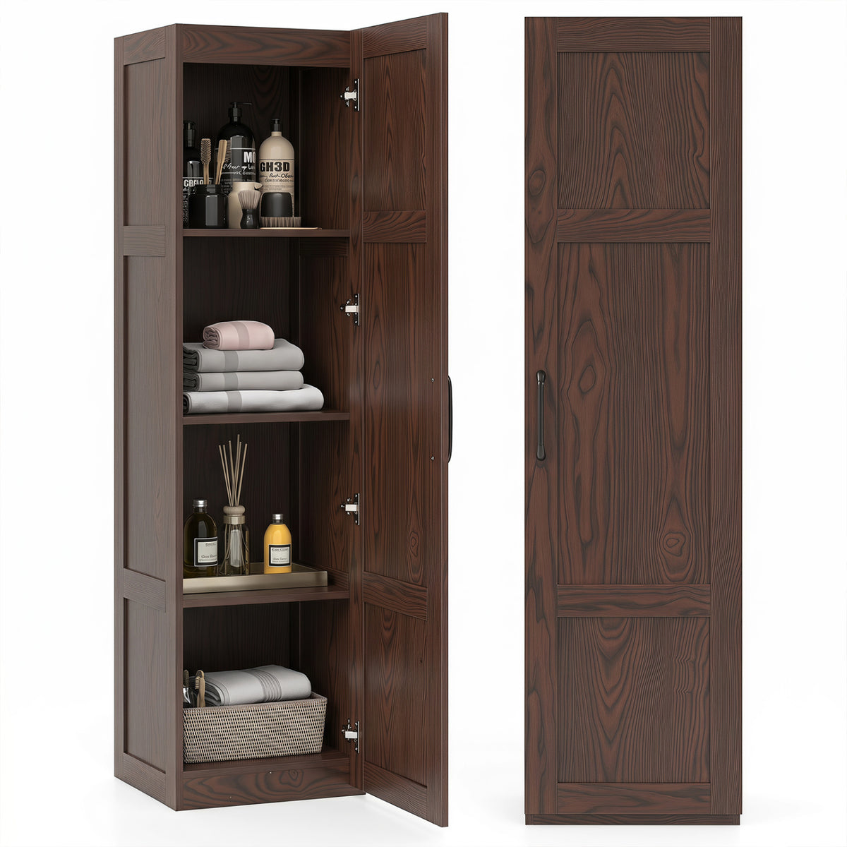 Tall Storage Cabinet 59 Inch, 4-Tier Shelves, Brown