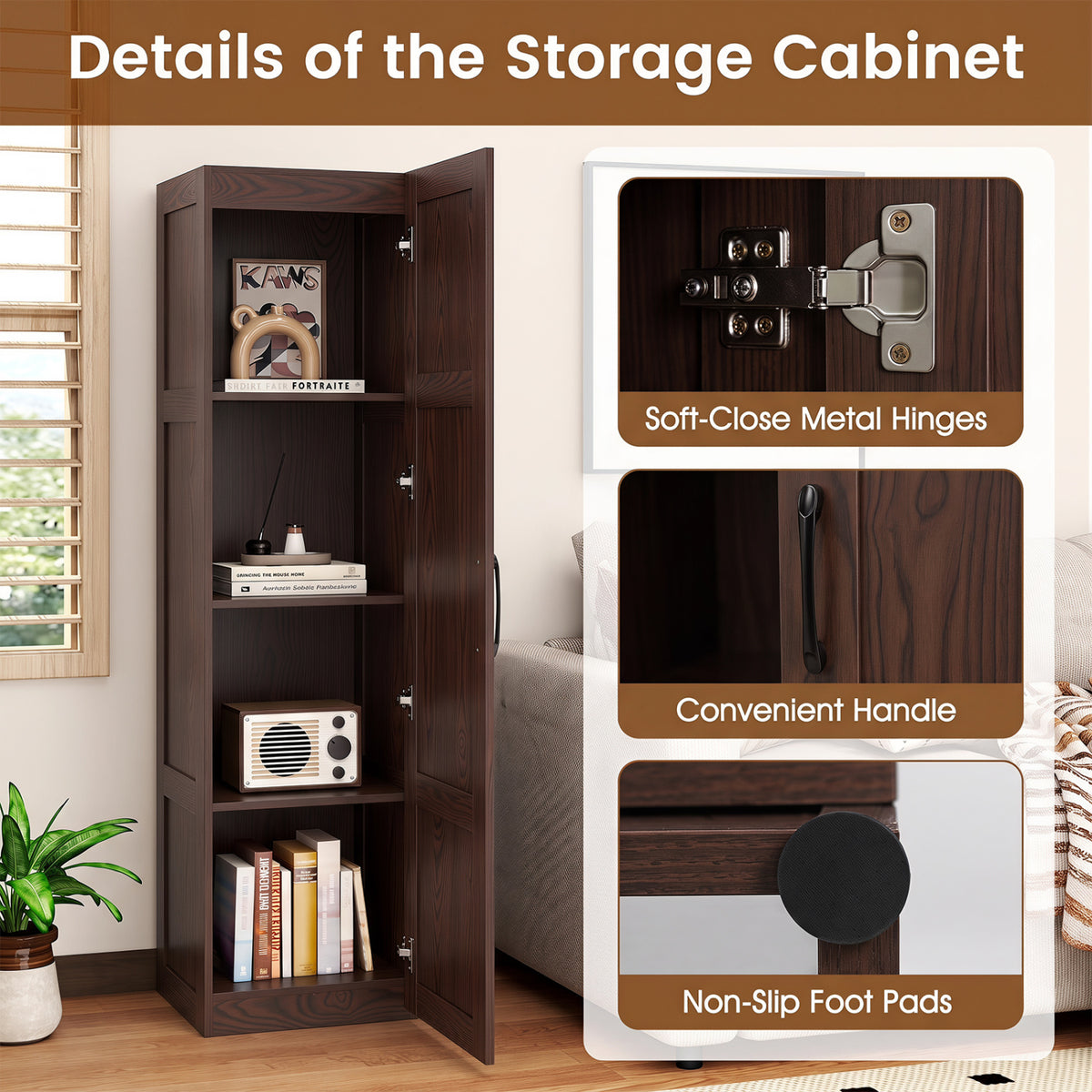 Tall Storage Cabinet 59 Inch, 4-Tier Shelves, Brown