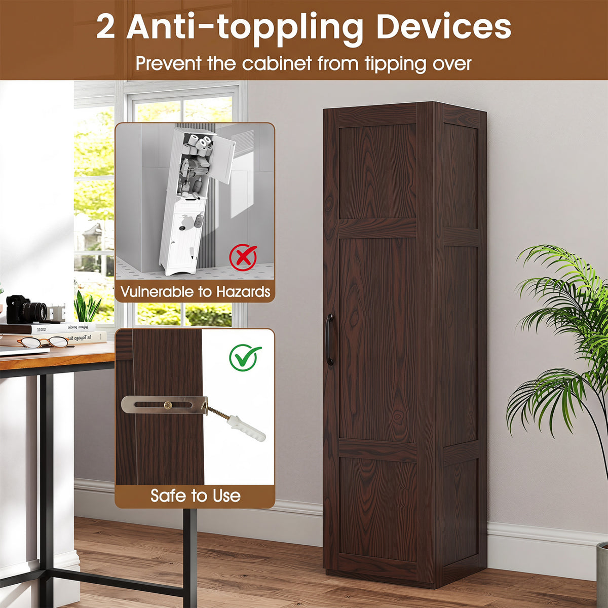 Tall Storage Cabinet 59 Inch, 4-Tier Shelves, Brown