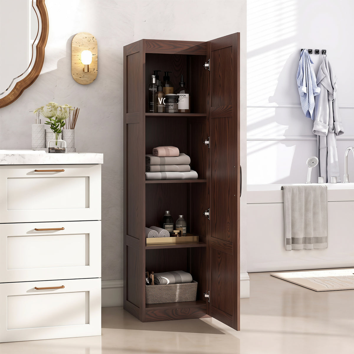 Tall Storage Cabinet 59 Inch, 4-Tier Shelves, Brown