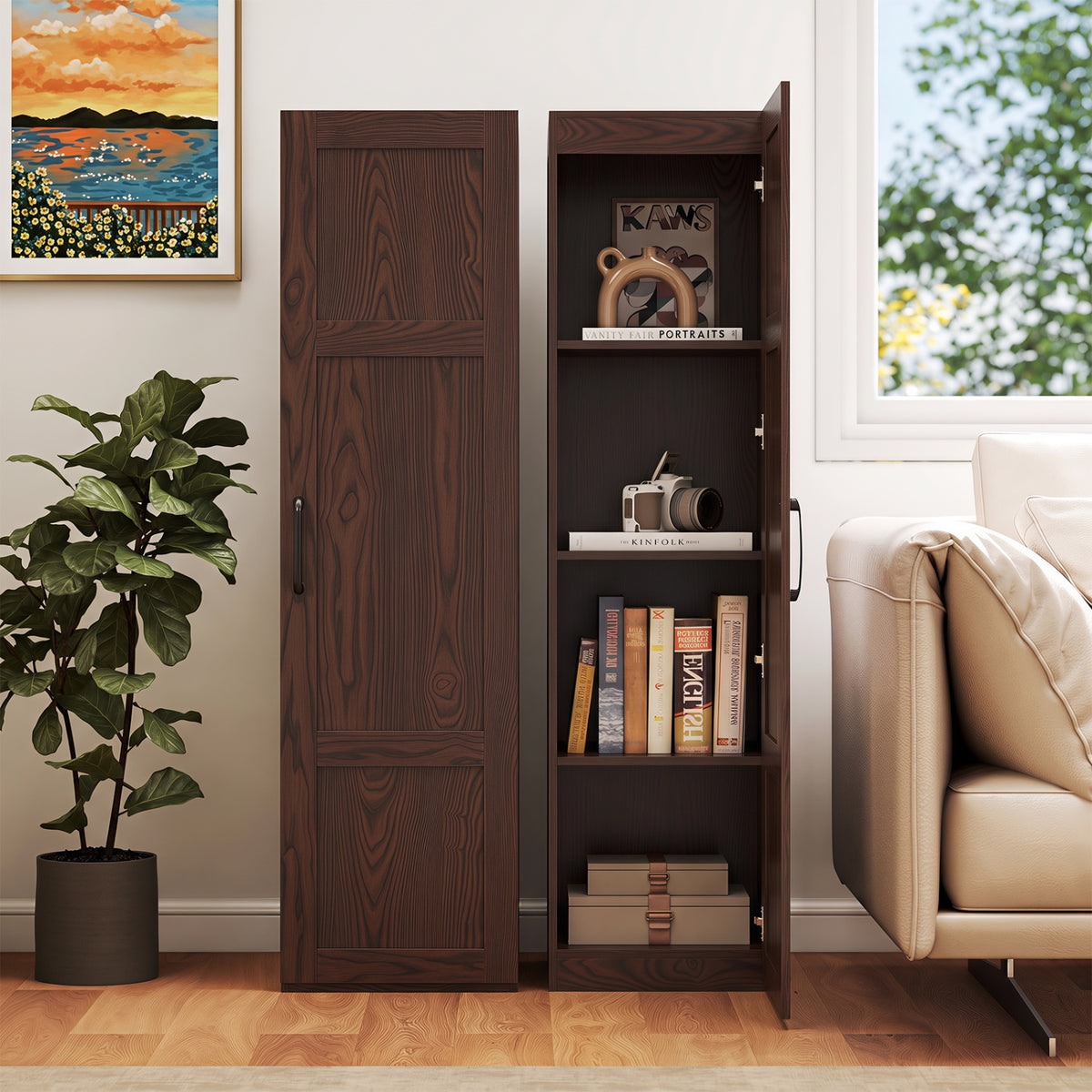 Tall Storage Cabinet 59 Inch, 4-Tier Shelves, Brown