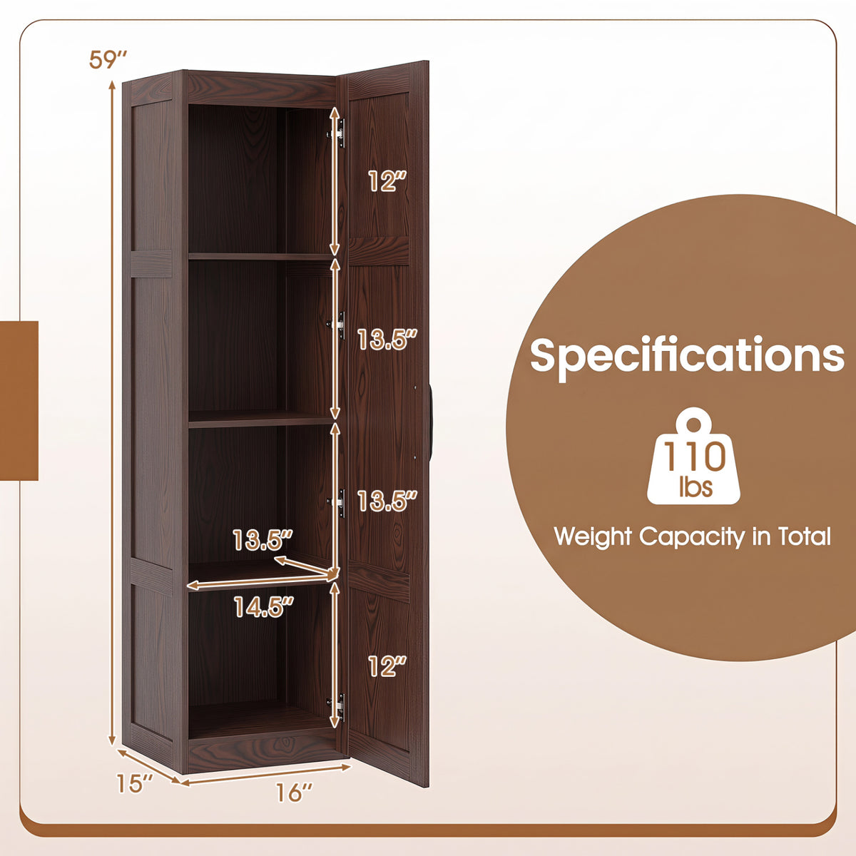 Tall Storage Cabinet 59 Inch, 4-Tier Shelves, Brown