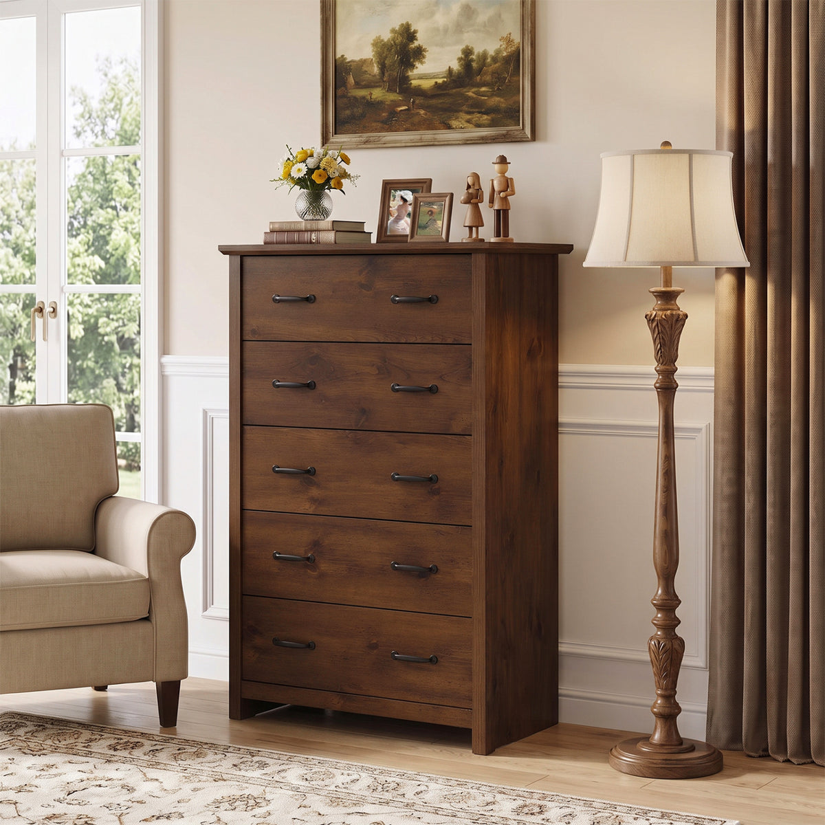 Tall Storage Dresser with 5 Pull-out Drawers - Walnut
