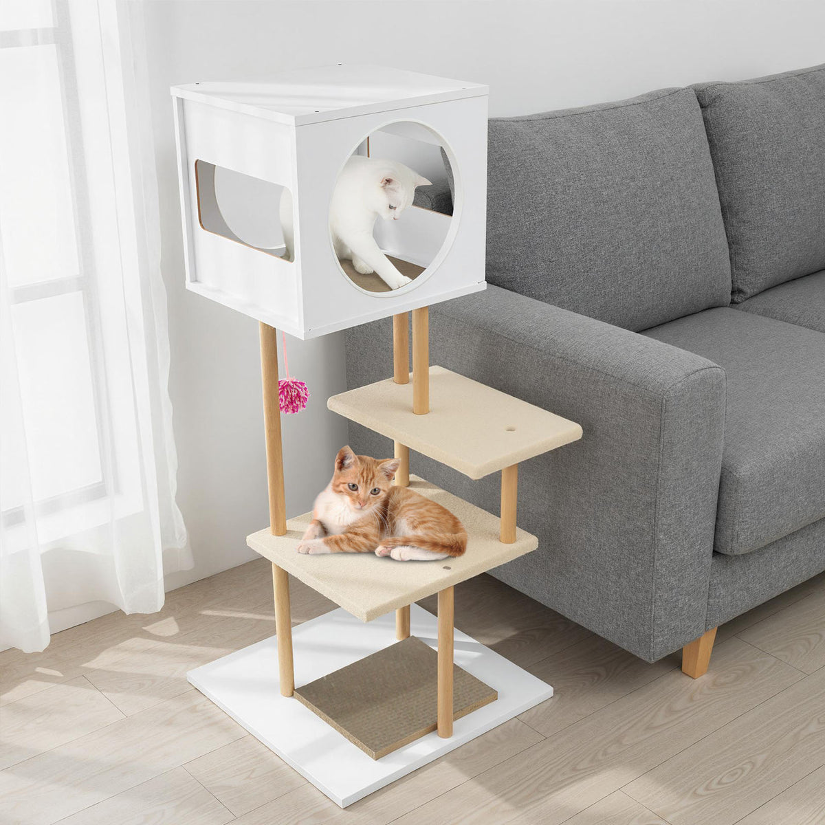 Tall Wooden Cat Tower with Corrugated Cardboard for Climbing and Resting - White