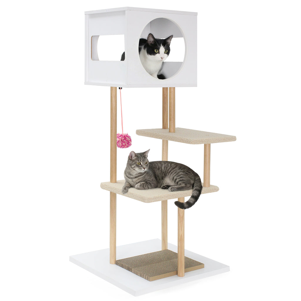 Tall Wooden Cat Tower with Corrugated Cardboard for Climbing and Resting - White