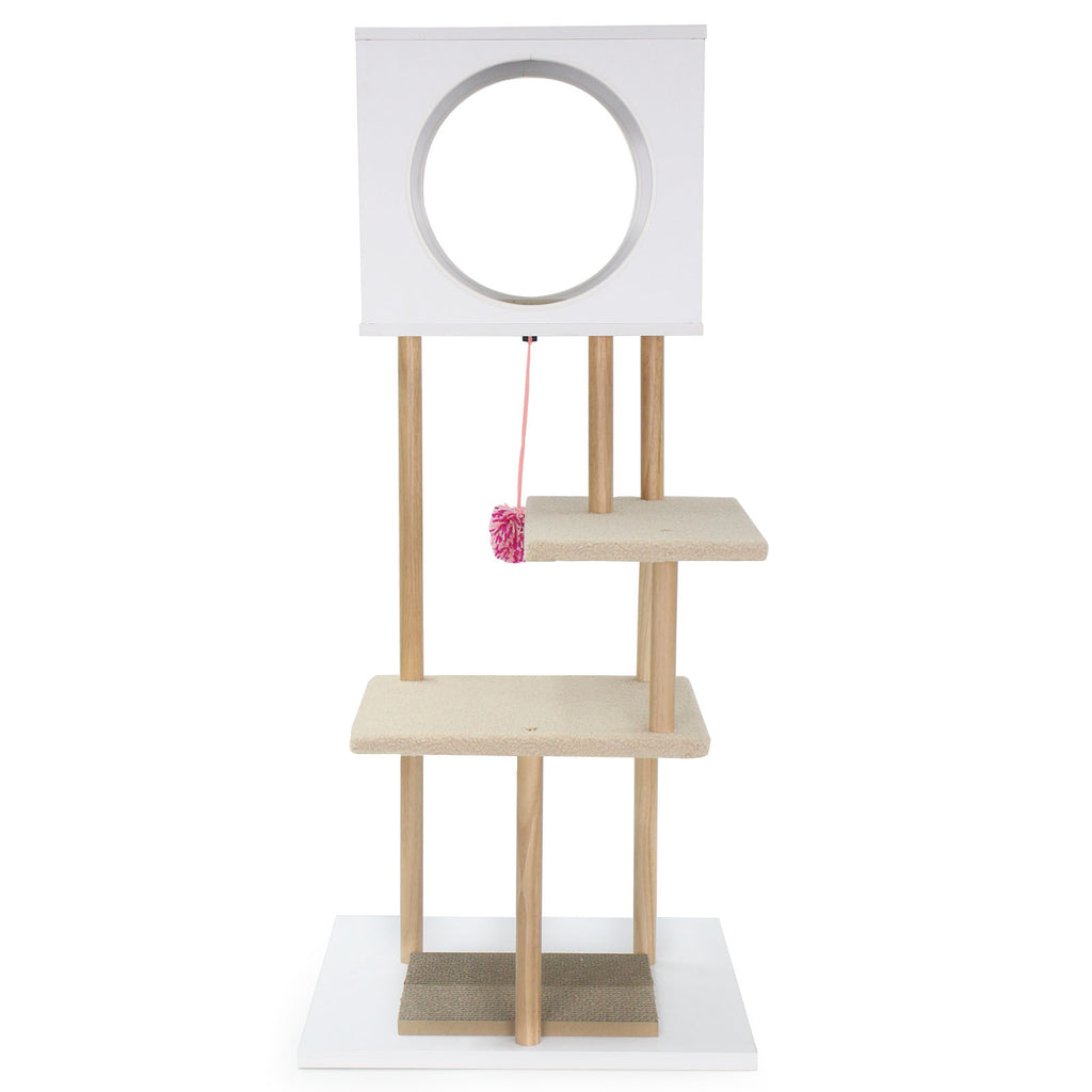 Tall Wooden Cat Tower with Corrugated Cardboard for Climbing and Resting - White
