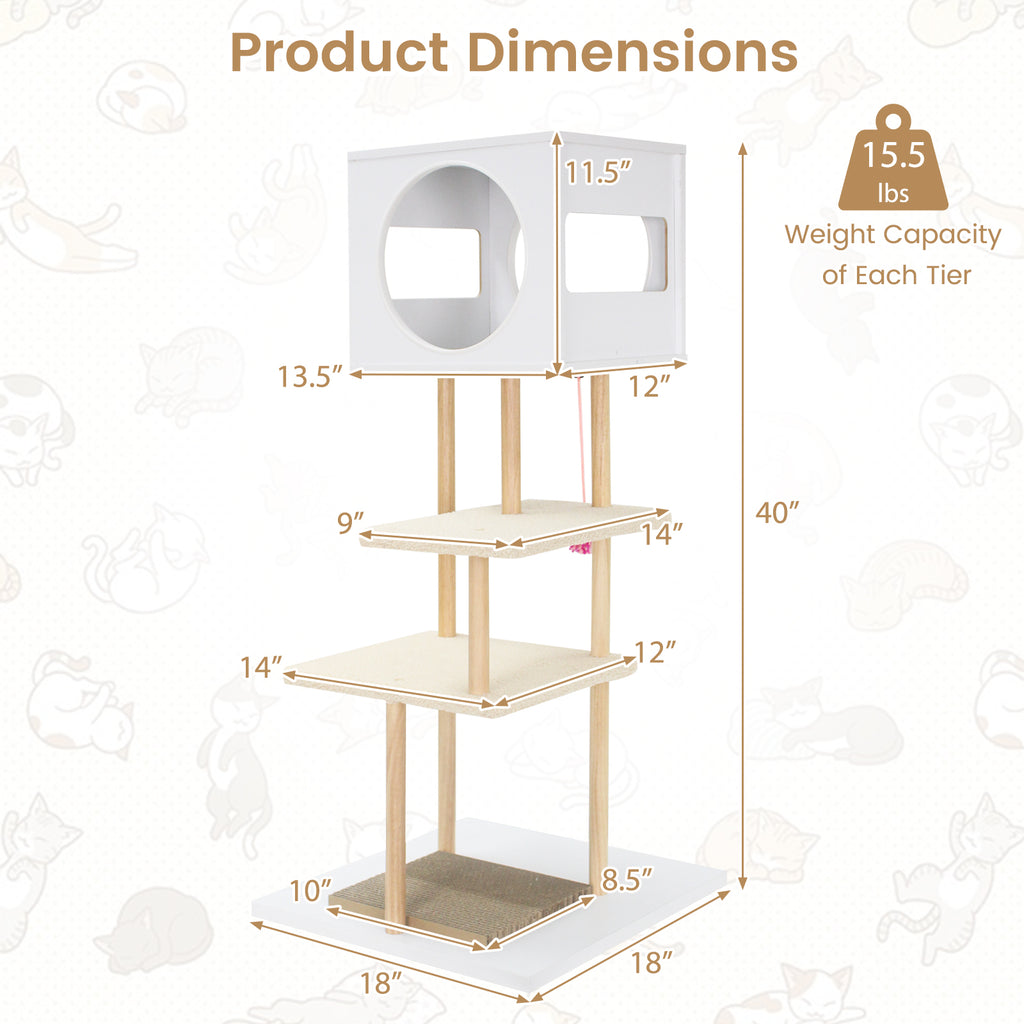 Tall Wooden Cat Tower with Corrugated Cardboard for Climbing and Resting - White