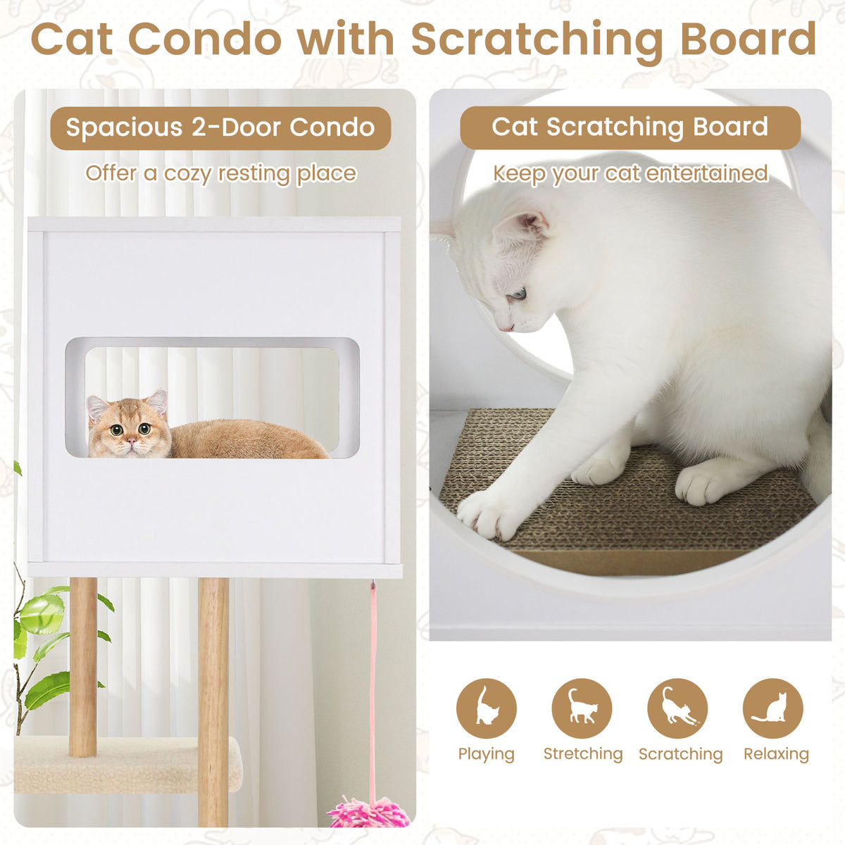 Tall Wooden Cat Tower with Corrugated Cardboard for Climbing and Resting - White
